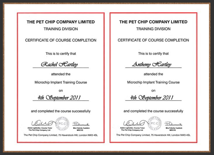Certificates of Microchipping course completeion